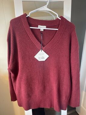 Ava & Viv V-Neck Ribbed Sweater in Deep Wine